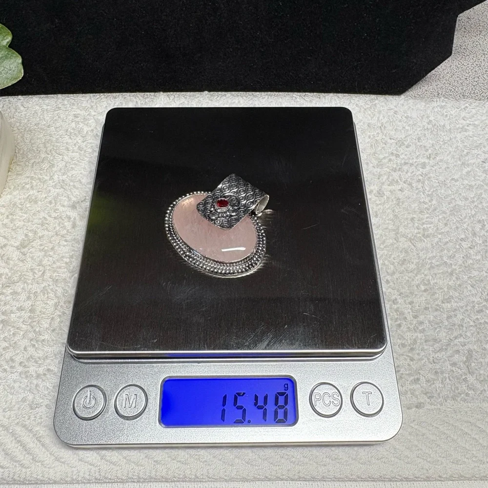 Elegant Sterling Silver and Rose Quartz and garnet  Gemstone Pendant - Picture 10 of 10